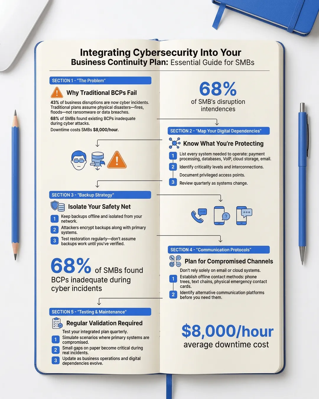 Business owner reviewing printed continuity plan documents alongside computer showing cybersecurity dashboard in modern office.