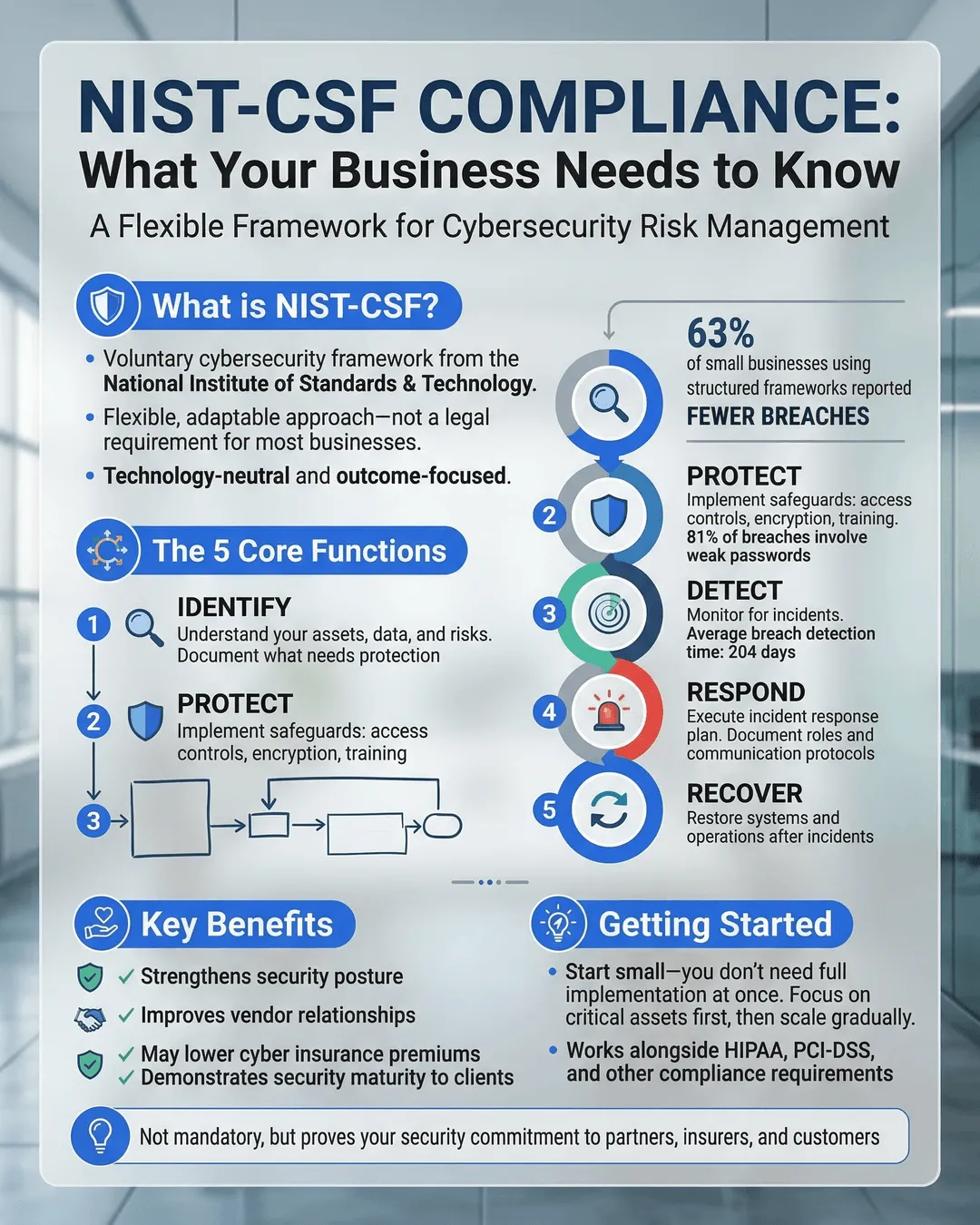 Business professional reviewing cybersecurity framework documentation on laptop with network security icons displayed on screen