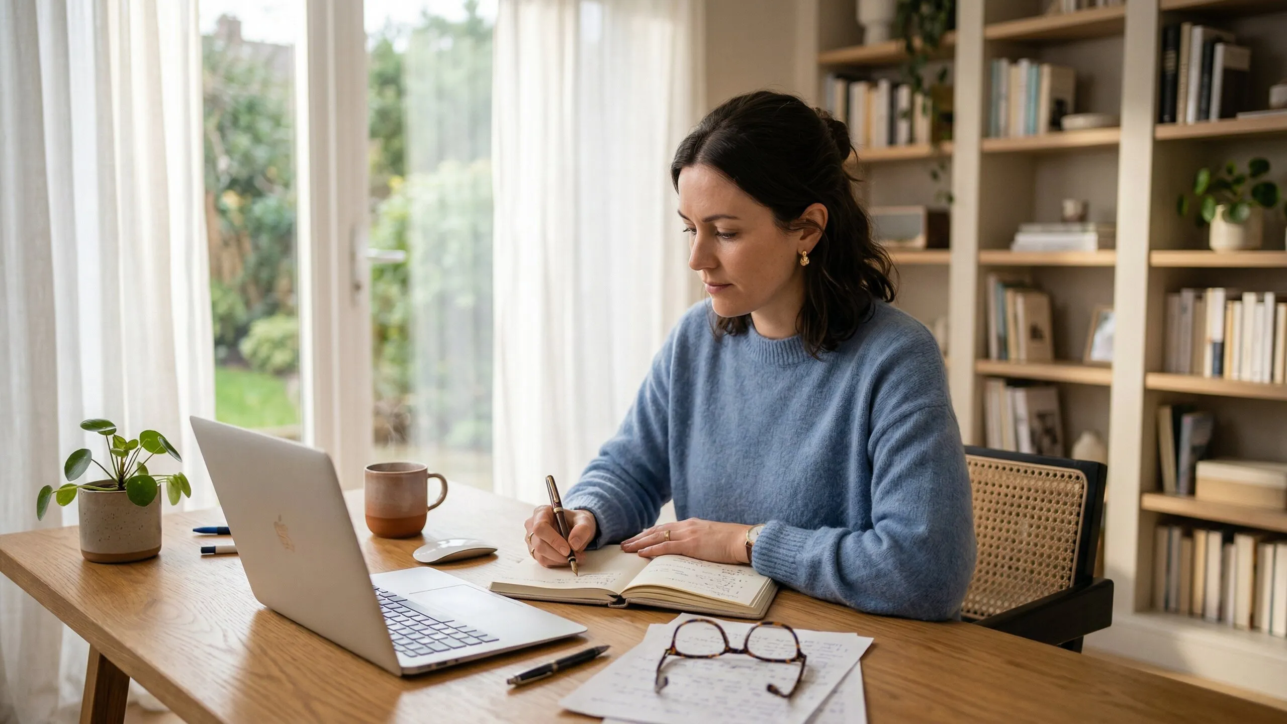 Manager reviewing AI-drafted performance review on laptop